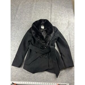 Y2K 2000s BEBE FAUX FUR BELTED TRENCH COAT WOMENS L SEXY GOING OUT BLACK‎